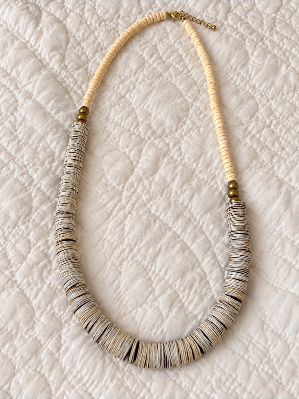 Neutral Beaded Disk Necklace - Beige and Ivory